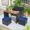 Outdoor Patio Dining Set PE Rattan Acacia Wood Loveseat Table 2 Ottomans Navy Cushion